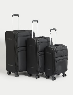 M&S Set of 3 Montreal 4 Wheel Soft Suitcases - Black, Black