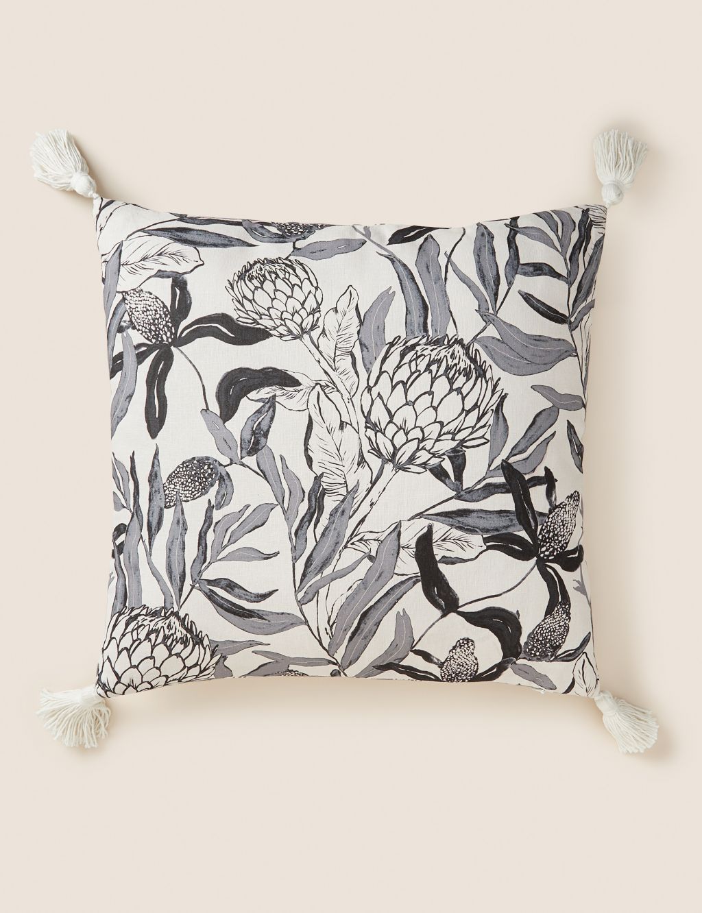 Cotton Blend Protea Flower Tasselled Cushion