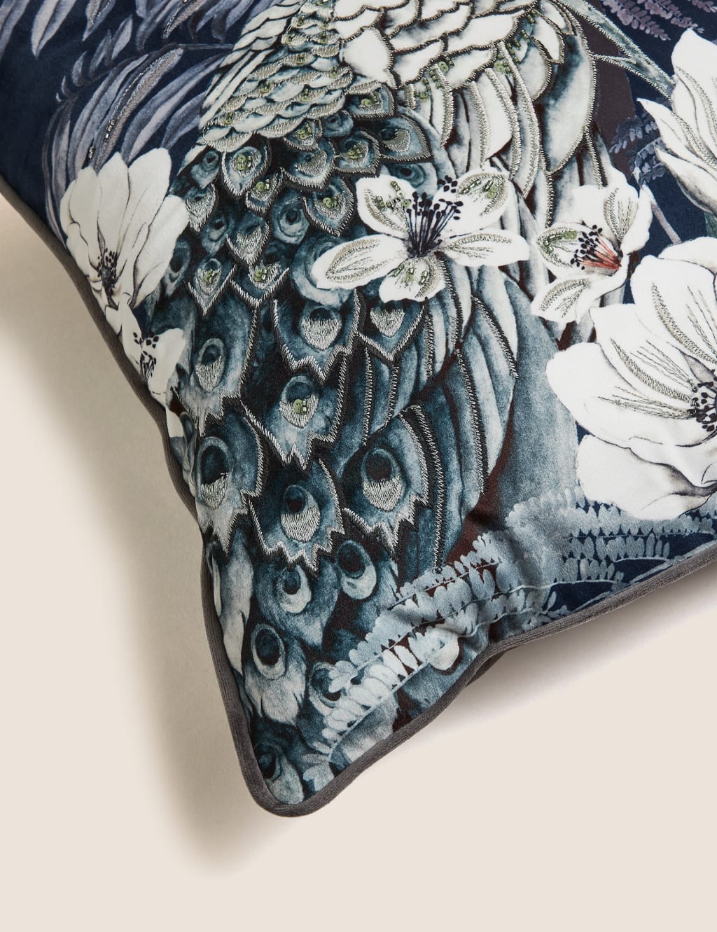 Velvet Embroidered Peacock Cushion image 5
