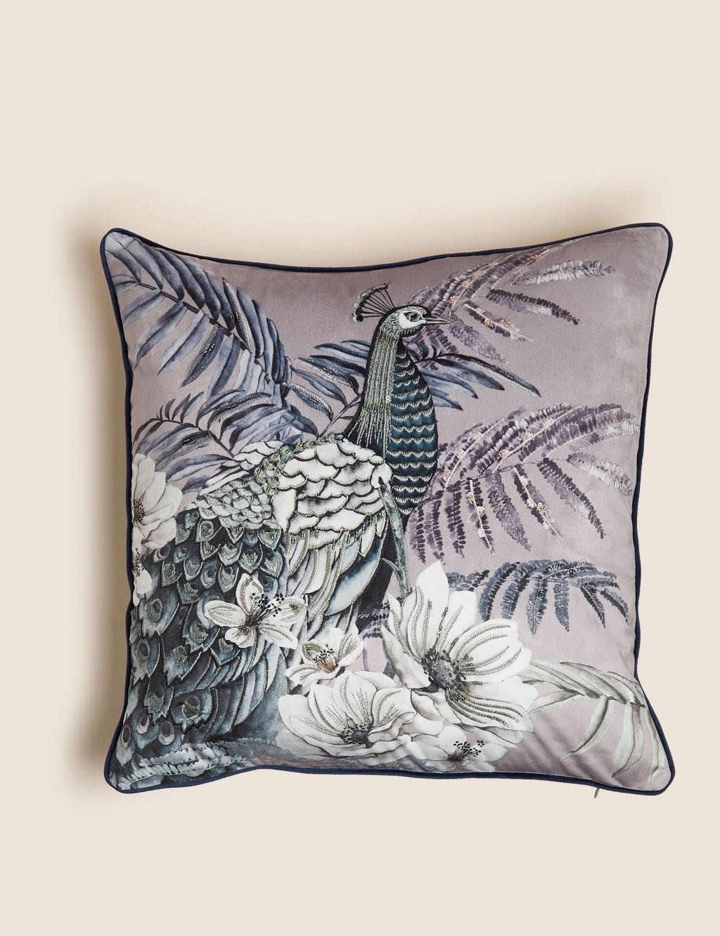 Velvet Embroidered Peacock Cushion image 1