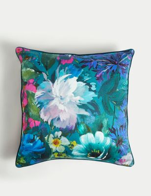 M&S Pure Cotton Floral Cushion - Teal Mix, Teal Mix