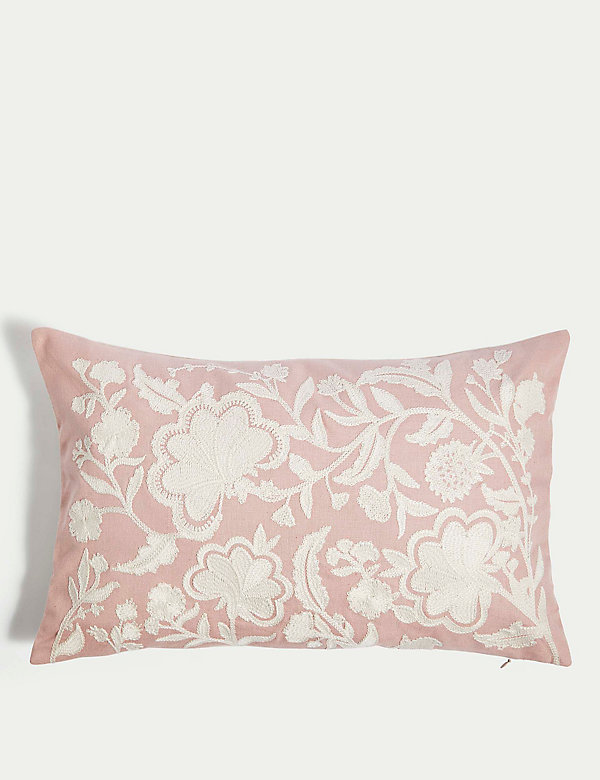Linen Blend Floral Embroidered Bolster Cushion - DK