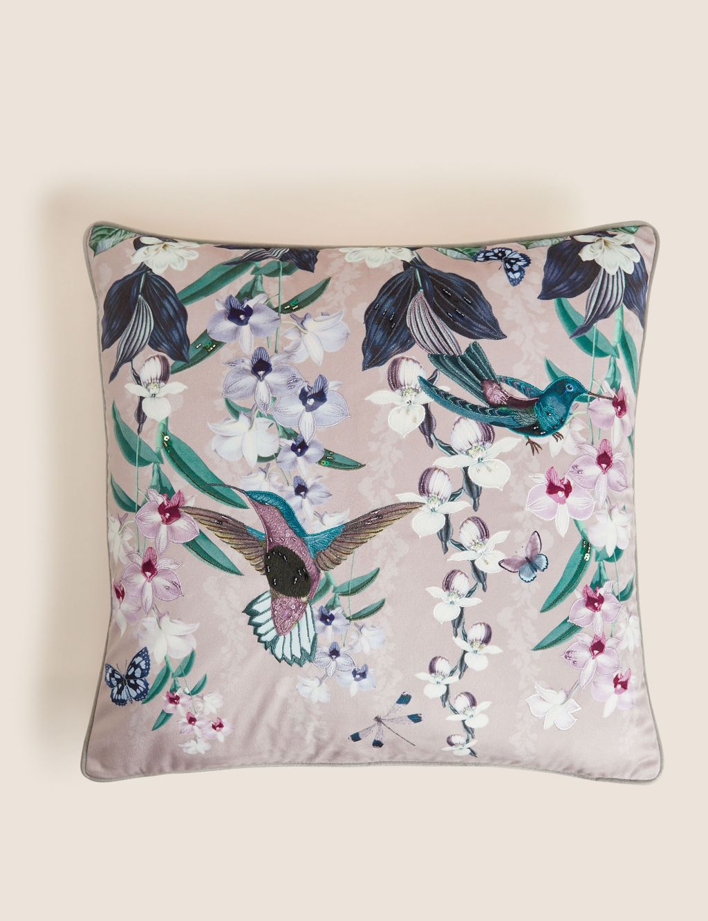 Velvet Hummingbird Embellished Cushion image 1