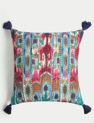M&S Pure Cotton Embroidered Tasseled Cushion - Blue Mix, Blue Mix