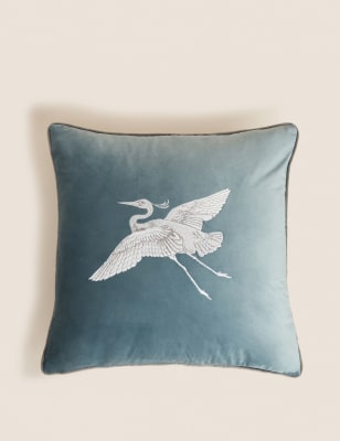 M&S Velvet Bird Embroidered Cushion - Duck Egg, Duck Egg,Navy