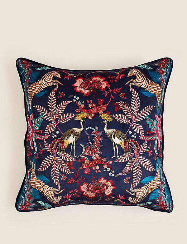 Velvet Exotic Bird Embellished Cushion - CZ