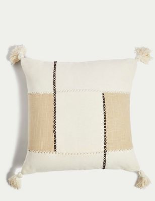 M&S Pure Cotton Embroidered Tassled Cushion - Ecru Mix, Ecru Mix