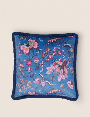 M&S Velvet Floral Fringed Cushion - Blue Mix, Blue Mix