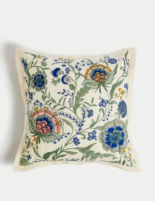 M&S Cotton with Linen Embroidered Cushion - Green Mix, Green Mix