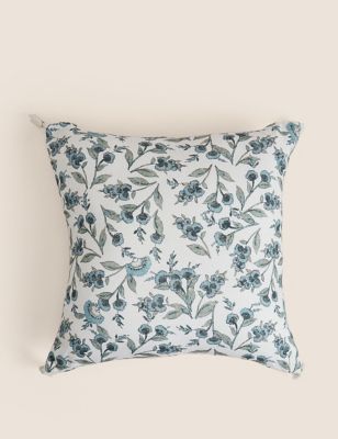 M&S Pure Cotton Floral Tassled Cushion - Blue Mix, Blue Mix