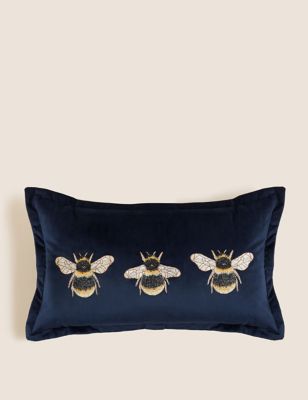 Velvet Bee Embroidered Bolster Cushion - DK