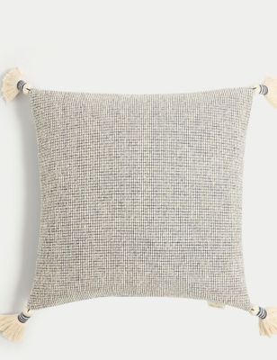 M&S X Fired Earth Pure Cotton Textured Tasselled Cushion - Carbon Blue, Carbon Blue,Weald Green,Dust