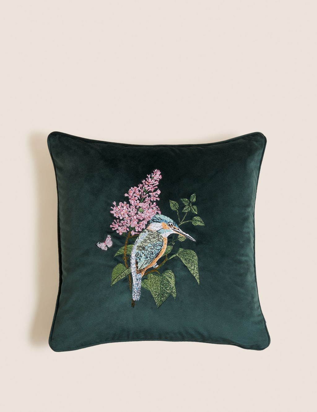 Velvet Floral Bird Embroidered Cushion image 1
