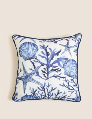 M&S Pure Cotton Coastal Print Piped Cushion - Blue Mix, Blue Mix