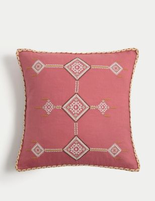 M&S X Fired Earth Jaipur Patrika Pure Linen Embroidered Cushion - Dusty Cedar, Dusty Cedar