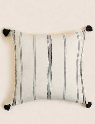 M&S Pure Cotton Striped Tasselled Cushion - Natural Mix, Natural Mix