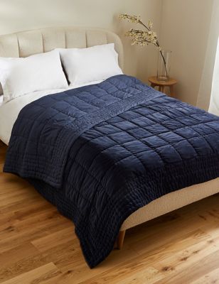 M&S Cotton Velvet Quilted Bedspread - Large - Navy, Navy,Grey