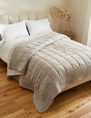 M&S Cotton Velvet Quilted Bedspread - Large - Grey, Grey,Navy