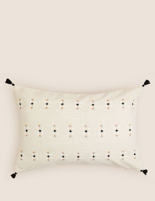 M&S Cotton Rich Embroidered Bolster Cushion - Natural Mix, Natural Mix
