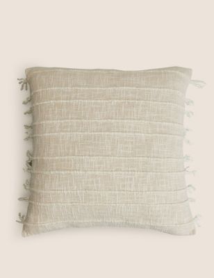 M&S Cotton Rich Striped Tasselled Cushion - Ecru, Ecru