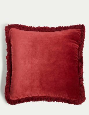 M&S Pure Cotton Velvet Fringed Cushion - Cranberry, Cranberry,Dark Gold,Navy,Dark Green