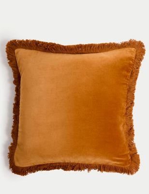 M&S Pure Cotton Velvet Fringed Cushion - Dark Gold, Dark Gold,Navy