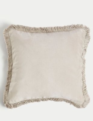 M&S Pure Cotton Velvet Fringed Cushion - Grey, Grey,Cranberry,Dark Gold,Navy,Dark Green