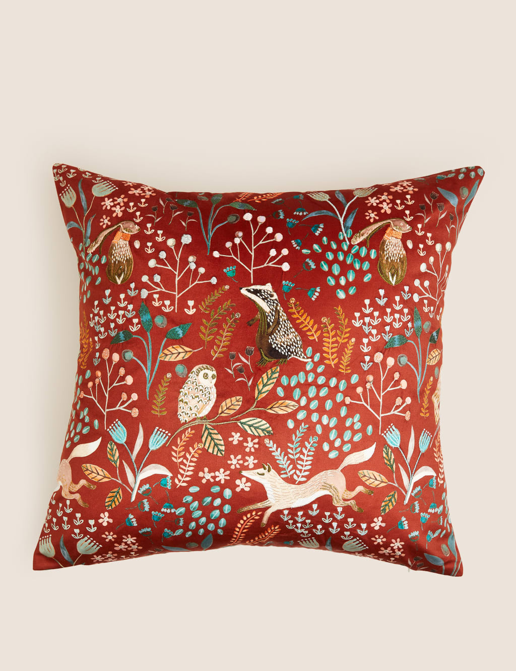 Woodland Print Embroidered Cushion