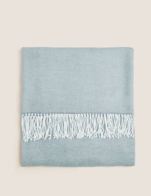 M&S Herringbone Throw - Light Blue, Light Blue,Forest Green,Natural Mix,Olive Mix