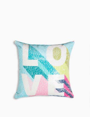 Coussin r&eacute;versible avec texte, orn&eacute; de sequins