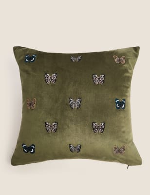 

Velvet Butterfly Embroidered Cushion - Green, Green