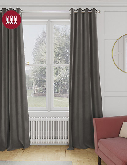 M&S Collection Velvet Eyelet Thermal Curtains - Wdr54 - Grey, Grey