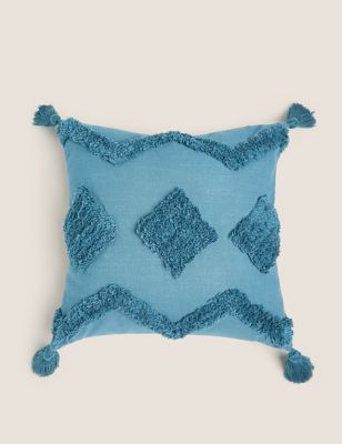 Coussin 100 % coton tufté à motif zigzag - Bleu