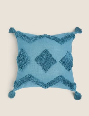 Coussin 100 % coton tufté à motif zigzag - Bleu