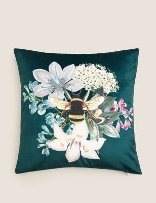 M&S Velvet Bee Embroidered Cushion - Forest Green, Forest Green