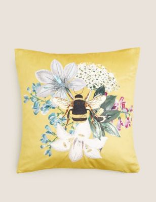 M&S Velvet Bee Embroidered Cushion - Ochre, Ochre,Forest Green