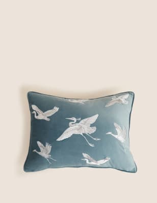 M&S Crane Embroidered Bolster Cushion - Duck Egg, Duck Egg,Light Grey