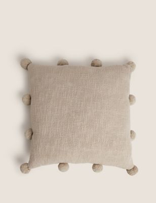 M&S Collection Pure Cotton Pom Pom Edge Cushion - Grey, Grey