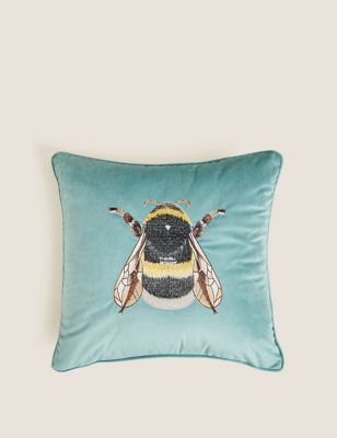 M&S Collection Velvet Bee Embroidered Cushion - Duck Egg, Duck Egg