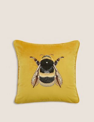 M&S Velvet Bee Embroidered Cushion - Ochre, Ochre,Navy