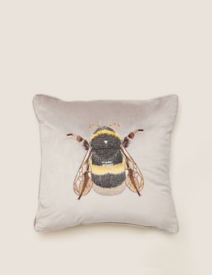 M&S Collection Velvet Bee Embroidered Cushion - Silver, Silver