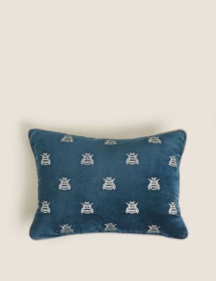 M&S Collection Pure Cotton Velvet Bee Bolster Cushion - Soft Teal, Soft Teal