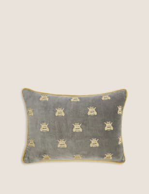 M&S Collection Pure Cotton Velvet Bee Bolster Cushion - Grey Mix, Grey Mix