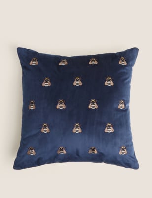 M&S Collection Velvet Bee Embroidered Cushion - Navy, Navy