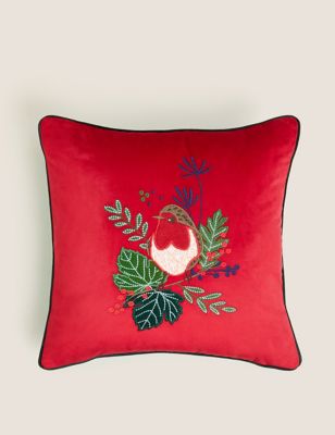 

Velvet Robin Embroidered Cushion - Red Mix, Red Mix