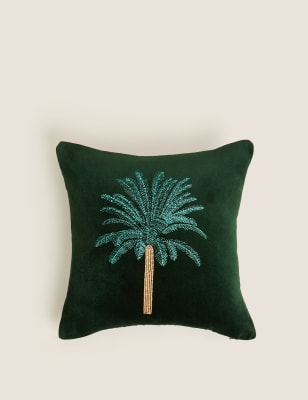 

Pure Cotton Velvet Embroidered Palm Cushion - Dark Green, Dark Green