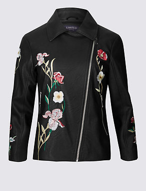 PU Floral Embroidered Biker Jacket Image 2 of 5