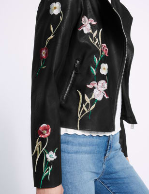 Flower embroidered 2024 leather jacket