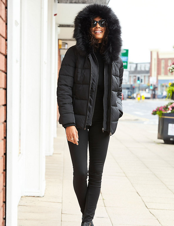 Padded Hooded Faux Fur Trim Puffer, Womens Black Coat With Grey Fur Hood