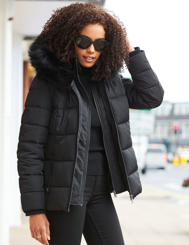 Mini girls black faux fur trim padded coat deals